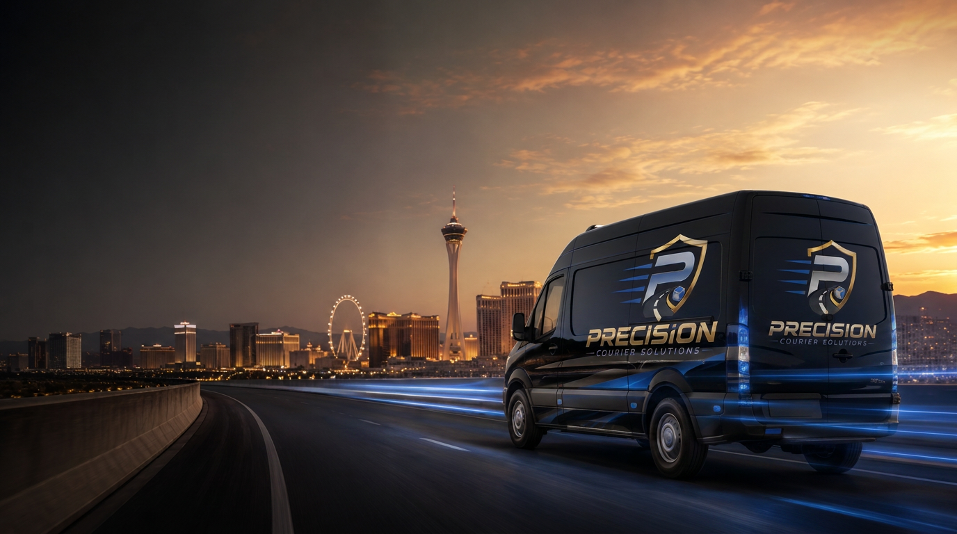 Precision Courier Solutions branded van on a Las Vegas street at night with light trails and skyline