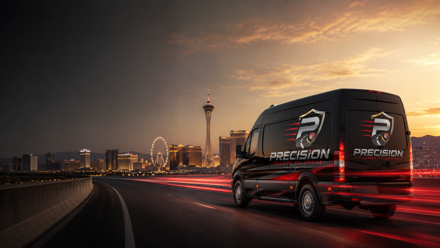 Precision Courier Solutions branded van on a Las Vegas street at night with red light trails and skyline